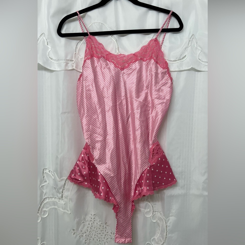 Vintage Valentino Intimo Pink Lace Teddy Bodysuit Stripe Polka Dot Lingerie M